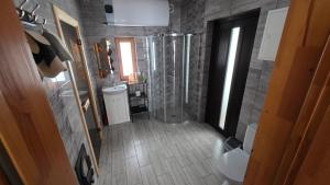 a bathroom with a shower and a sink at Ramaus poilsio sodyba in Petruniškis +3 photos