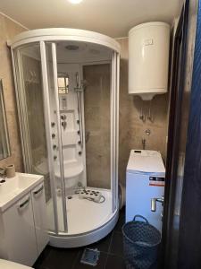 a small bathroom with a shower and a sink at WEGA Star Apartmani in Brzeće +116 photos