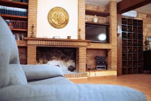 a living room with a fireplace and a tv at Finca Vitoria in Moratalla