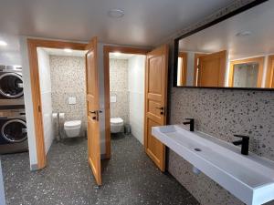 a bathroom with a sink and a toilet and a mirror at Wallamaja Hostel in Järvakandi +6 photos