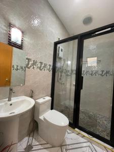 a bathroom with a toilet and a sink and a shower at B2-B Guesthouse in Guiuan +9 photos