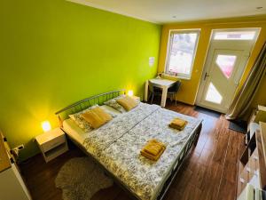 a bedroom with a bed and a green wall at Apartmán Slivková in Trenčín