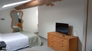 a bedroom with a bed and a television on a dresser at le Cocon du Causse in Causse-de-la-Selle