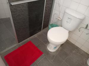 a bathroom with a white toilet and a red rug at DOUBLE e RETIRO das PRINCESAS aluguel de quartos in Salinópolis