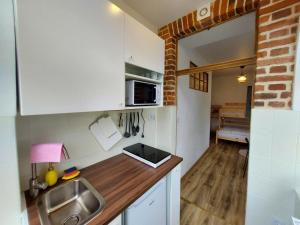 a kitchen with a counter top with a sink and a room at Roland Apartamenty in Świeradów-Zdrój