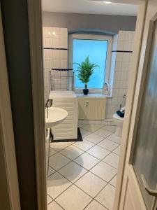 a bathroom with a sink and a toilet and a window at Flensburg Zentrum 69 02 in Flensburg