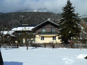 ein Haus im Schnee mit einem Zaun und einem Baum in der Unterkunft Ferienwohnung Schönauer in Haus im Ennstal