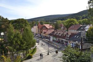 a view of a town with people walking on a street at Roland Apartamenty in Świeradów-Zdrój