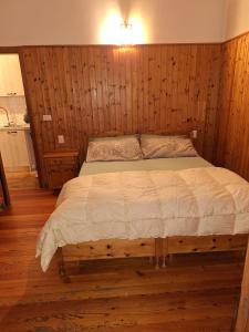 a bed in a room with a wooden wall at Chalet Luisa in Cima Gogna