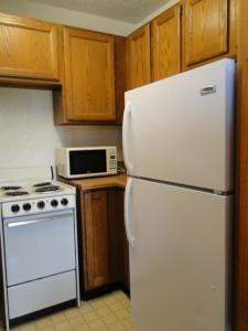 a kitchen with a white refrigerator and a microwave at Oscoda Lakeside Hotel in Oscoda