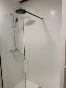 a shower with a glass door with a shower head at Klein Vloethemnest in Zedelgem +17 photos