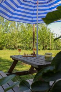 a picnic table with a blue and white umbrella at Prullenbos Tiny House Nutz Nest in Wetteren
