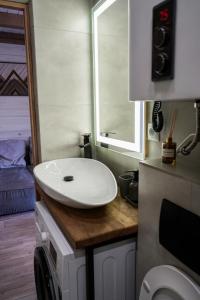 a bathroom with a white sink on a counter at Котедж Rest Hill in Vorokhta +32 photos