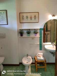 un bagno con lavandino, WC e specchio di Villa Miani camera floreale a Silea