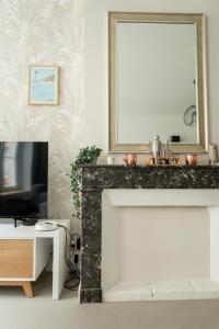 a living room with a fireplace and a mirror at COCKTAIL & DREAM #Hyper Centre# Renové# fully equiped in Chalon-sur-Saône