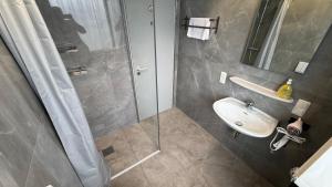 a bathroom with a sink and a shower at J&R Gästezimmer Kassel in Niestetal +31 photos