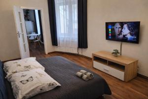 a bedroom with a bed and a flat screen tv at Apartament Komnata 8 in Przemyśl