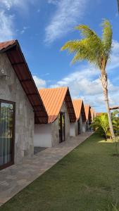 a row of cottages with a palm tree in front at Pousada Vila Assu in Ceará-Mirim