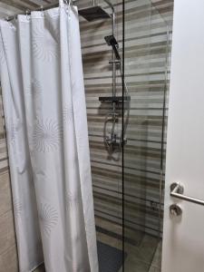 a shower with a white shower curtain in a bathroom at Apartman Mikulic 2 in Subotica +9 photos