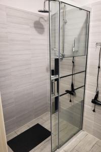 a shower with a glass door in a bathroom at Apartament Komnata 8 in Przemyśl +5 photos