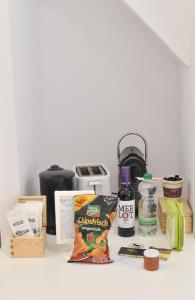 a counter with some food and other items on it at Ferienwohnung-Esel in Dreetz