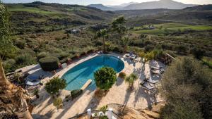 an overhead view of a swimming pool with trees and hills at Finca Gran Cerros in Alora