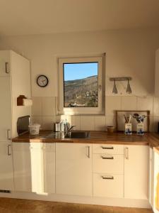 a kitchen with a sink and a window at Casa Tilly - Ferienhaus am Wald in Zwingenberg +9 photos