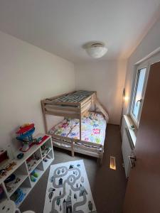 a small room with a bunk bed and shelves at Casa Tilly - Ferienhaus am Wald in Zwingenberg