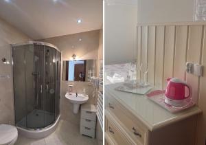 two pictures of a bathroom with a shower and a sink at Willa Grono in Krościenko