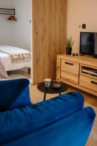 a living room with a blue couch and a table at Chez Lilie in Le Sel