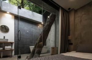 a bedroom with a large window with a tree in it at My loft ChengDu in Chengdu +1 photo