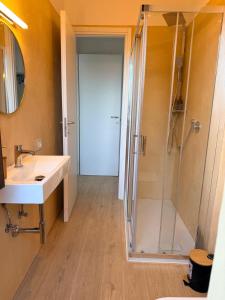 a bathroom with a shower and a sink and a mirror at Bella Vista Baveno in Baveno