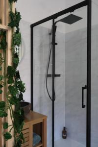 a shower in a bathroom with a glass door at Dodo Créole in Laval +4 photos