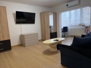 a living room with a couch and a tv at Afrodita Apartment in Timişoara