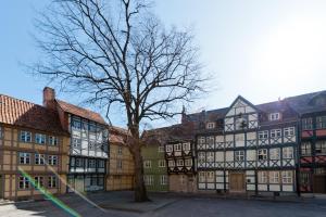 un grupo de edificios con entramado de madera y un árbol en Schlaf-gut Appartments, en Quedlinburg