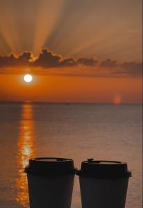 two trash cans in front of the ocean at sunset at Creevy Cove cottage in Kildoney