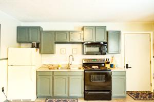 a kitchen with green cabinets and a sink and a refrigerator at Charming Ski Chalet at Powderhorn Mountain in Bessemer