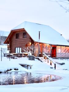 a log cabin in the snow with a pond at Kundziņi in Bīriņi