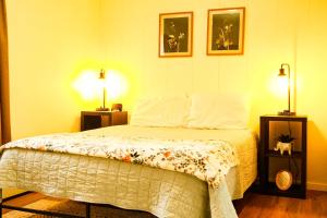 a bedroom with a bed with two night stands and two lamps at Snowbound Bliss at Powderhorn Mountain in Bessemer