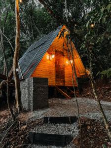 a small wooden cabin with a tin roof at Cabana nas árvores in Mairiporã +34 photos