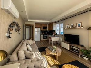 a living room with a couch and a tv at Chic 2BR City Center Flat in Antalya