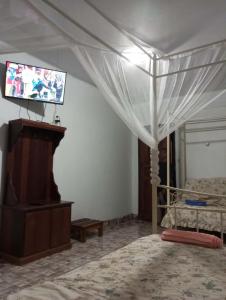 a bedroom with a canopy bed and a tv at Villa Étage Z Irma in Antsiranana