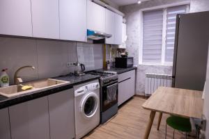 a kitchen with a washing machine and a sink at Family Airport in Chişinău