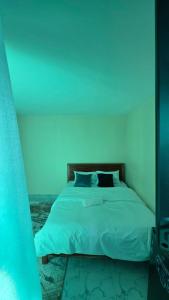 a bed in a room with a blue wall at EasyNest in Kinoo