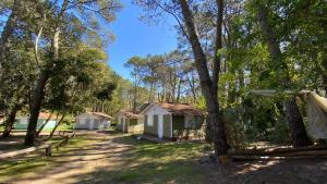 a row of cottages in the woods at Bungalow Caravan in Villa Gesell