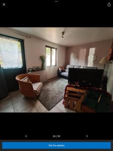 a room with a bed and a living room with a couch at Le petit Flotteur in Chevroches