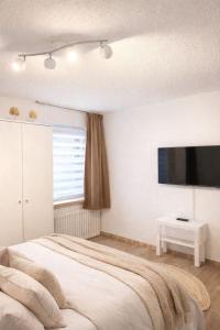 a bedroom with a bed and a flat screen tv at Ferienwohnung AyNa 4, direkt an der Schweizer Grenze in Bad Säckingen