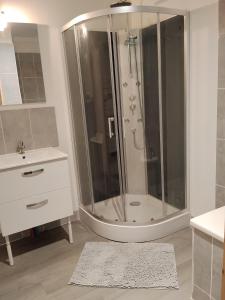 a white bathroom with a shower and a sink at Maison Cyril in Eurville
