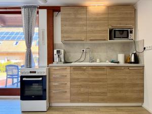 a kitchen with wooden cabinets and a stove top oven at U Pěti kohoutů in Liberec