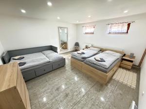 a bedroom with two beds and a mirror at U Pěti kohoutů in Liberec